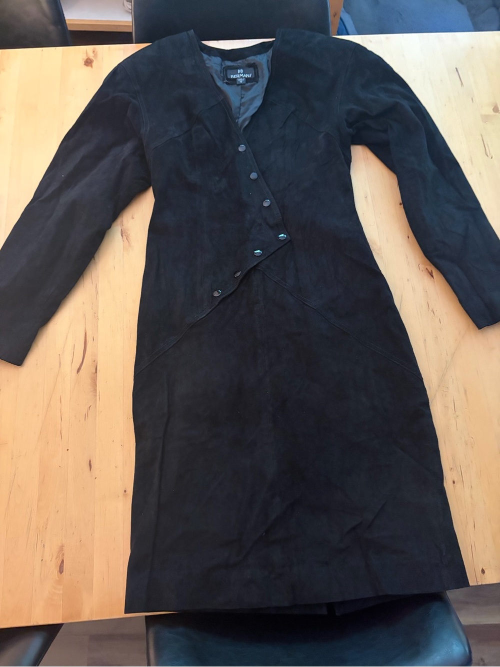 Black Long-Sleeve Suede Dress with Asymmetrical Button Detail